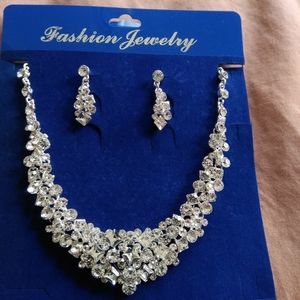 Rhinestone and Silver Earring & Necklace Set.